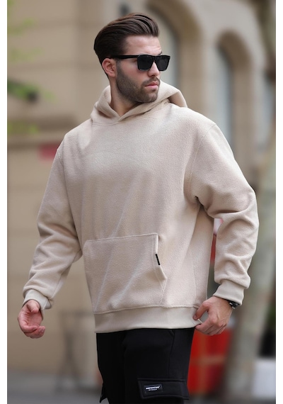 Madmext Bej Kapüşonlu Cep Detaylı Polar Erkek Sweatshirt 7093 Bej