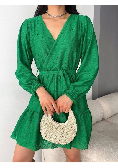 Defymoda Kadın Fırsat Ürünü Kruvaze Yaka Güpürlü Mini Elbise Yeşil