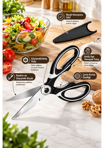 Porsima Pbt-934 Çok Fonksiyonlu Paslanmaz Çelik Mutfak Makası 20 Cm - Koruyucu Kılıflı Et, Tavuk, Balık Kesme & Ceviz Kıracaklı Mutfak Makası Siyah