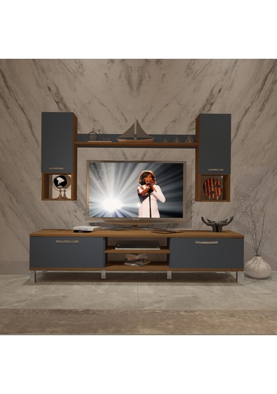 Decoraktiv Eko 5da Mdf Dvd Krom Ayaklı Tv Ünitesi Tv Sehpası Ceviz - Antrasit