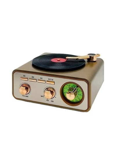Metalik Nostaljik Tasarım Plak Çalar Görünümlü Radyolu Bluetooth Hoparlör Retro Müzik Plak