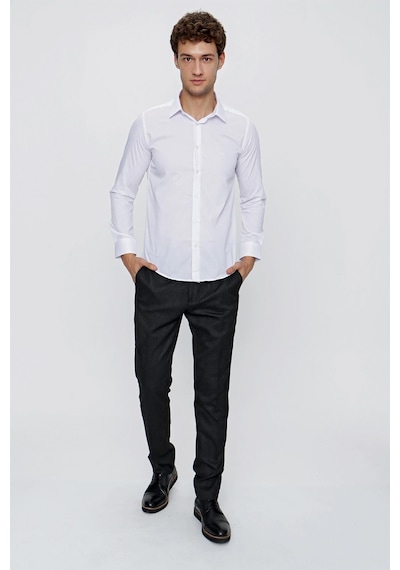 İmza Beyaz Uzun Kollu Bez Ayağı Sert Yaka Cepsiz Pamuklu Basic Slim Fit Dar Kesim Gömlek 1004240057-beyaz Beyaz