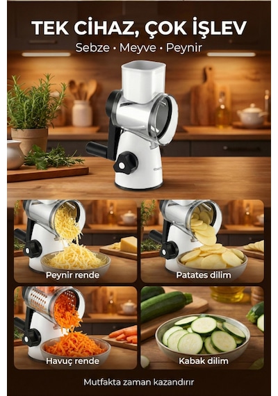 Fb-115 3 Bıçaklı Döner Doğrayıcı Ve Dilimleyici Vakumlu Tabanlı Çok Fonksiyonlu Rende Gri
