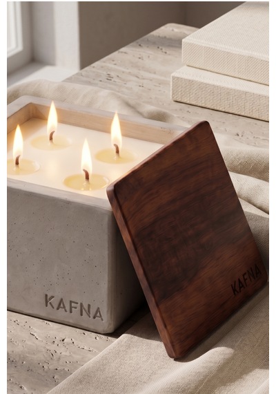 Kafna Büyük Boy Beton Mum Doğal Ahşap Kapaklı Minimalist Dekor Mum Diğer