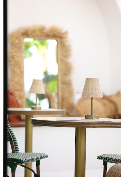 Rattan & Bambu Kablosuz Pilli Abajur Masa Lambası - Alt Uzun Eskitme Gold Eskitme Gold