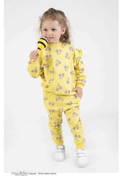 Harika Kids Kız Bebek&çocuk İki İplik Kumaş Kiraz Desenli Orta Kalınlıkta Örme Basic Oversize Alt Üst Eşofman Takımı 001