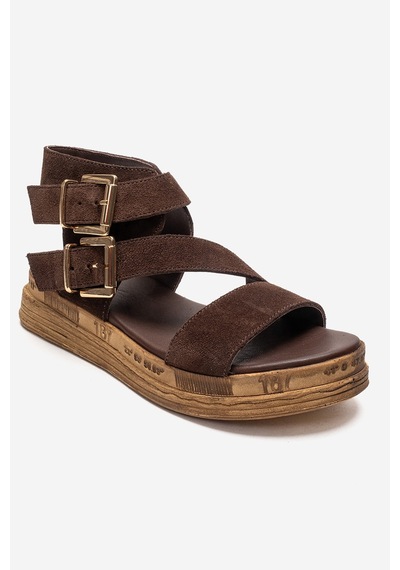 Luvishoes Lorentıs Kahverengi Süet Hakiki Deri Çift Tokalı Kadın Sandalet