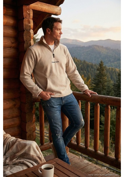 Buratti Regular Fit Yarım Fermuarlı Dik Yaka Yumuşak Dokulu Erkek Sweat 59060661 Kum
