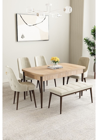 Clara Meşe Desen 80x132 Açılabilir Mdf Masa Yemek Odası Takımı,mutfak Takımı 4 Sandalye 1 Bench Krem Clara Meşe Desen 80x132 Açılabilir Mdf Masa Yemek Odası Takımı,mutfak Takımı 4 Sandalye 1 Bench Krem