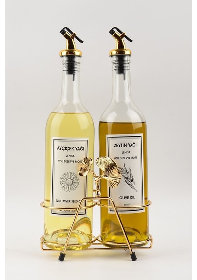 Altın Standlı Ginkgo Figürlü 750ml Şeffaf Şişe Altın Akıtıcılı Et