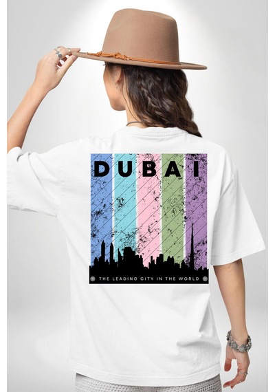 Dubai Şehir Silüeti Renkli Şehir Beyaz Oversize Unisex Ön Ve Sırt Baskılı Tişört Beyaz