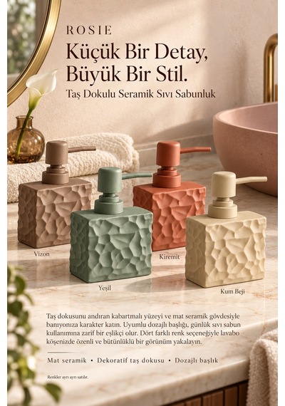 Rosıe Kiremit Taş Dokulu Dikdörtgen Seramik Sıvı Sabunluk 450 Ml Karışık