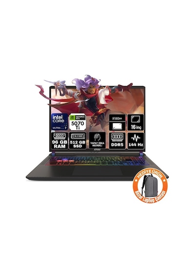 MSI Vector 16 Hx Aı A2xwhg-091xtr-a71 Ultra 7-255HX 96 GB 512 GB SSD RTX5070tı 12 GB W11P Dizüstü Bilgisayar