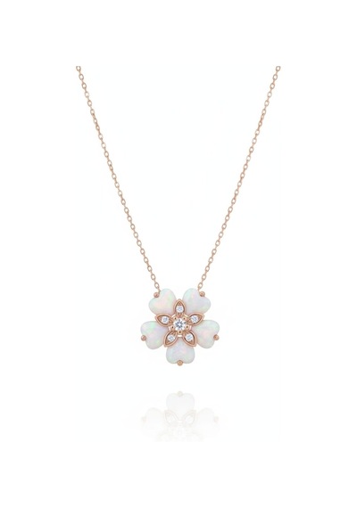 925 Ayar Papatya Silver Beyaz Kalp Opal Yasemin Çiçeği Kolye.rose.gold.rodaj Gümüş