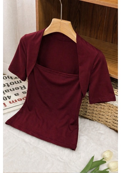 Kadın Haki Kuğu Yaka Slim Kısa Kollu Fit Crop Bluz Bordo