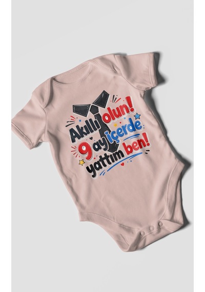 Morivokids Akilli Olun 9 Yazılı Kısa Kollu Bebek Body %100 Pamuk Pastel Pembe
