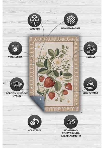 Homshtag Art Deco Çilek Desenli Halı Bitki Temalı Krem Renk Modern Çilek Desenli Dijital Baskı Halı Çok Renkli
