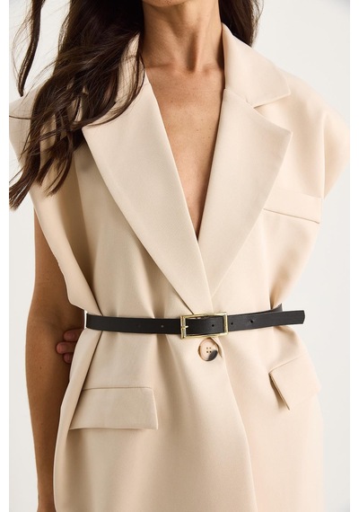 Shade Kadın Cep Detaylı Kemerli Vatkalı Oversize Astarlı Blazer Yelek 11143 60281003 - Bej