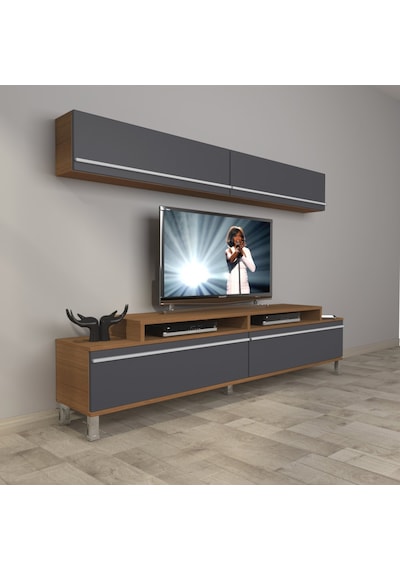Decoraktiv Ekoflex 5 Mdf Krom Ayaklı Tv Ünitesi Tv Sehpası Ceviz - Antrasit