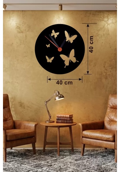 Mey İthalat Uçuşan Kelebekler Tasarım Ahşap Duvar Saati - 40x40 Cm Dekoratif Çok Renkli
