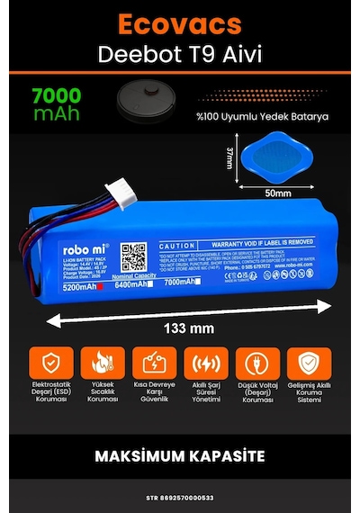 Ecovacs Deebot T9 Aivi Uyumlu 7000mah Robot Süpürge Batarya - Maksimum Kapasite