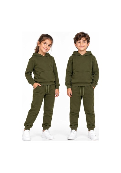 Lugmo Unisex Kız Erkek Çocuk Haki 3 İplik Kapüşonlu Kanguru Cepli Eşofman Takımı