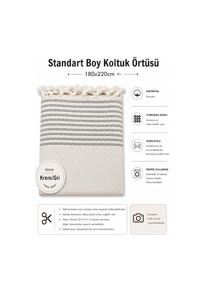 Pamuklu Kaymaz Hasır Dokuma Koltuk Örtüsü 180x220 - Kreme Gri