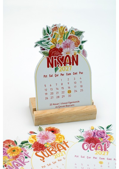 Ahşap Standlı Özel Kesim Çiçek Buketi Tasarımlı 2027 Masaüstü Takvimi 8x12 Cm - Romantik Yeni Yıl Hediyesi Çok Renkli