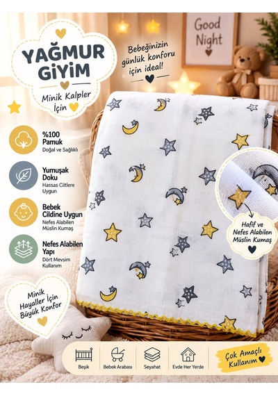Berço Desenli Müslin %100 Pamuk Bebek Battaniyesi 80 90 Ölçülerinde 0-12 Ay 875/2 Gri