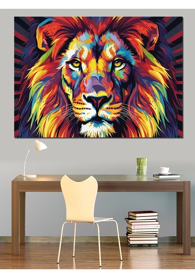 Ahşap Tablo Renkli Aslan Başı Pop Art