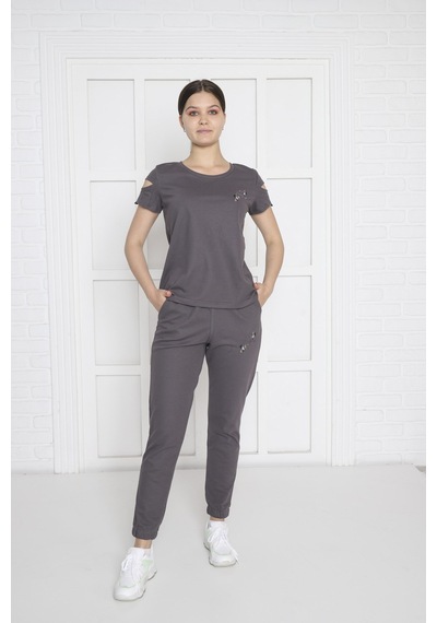 Kadın Spor Füme Alt-Üst T-Shirt Takım-3935 Füme