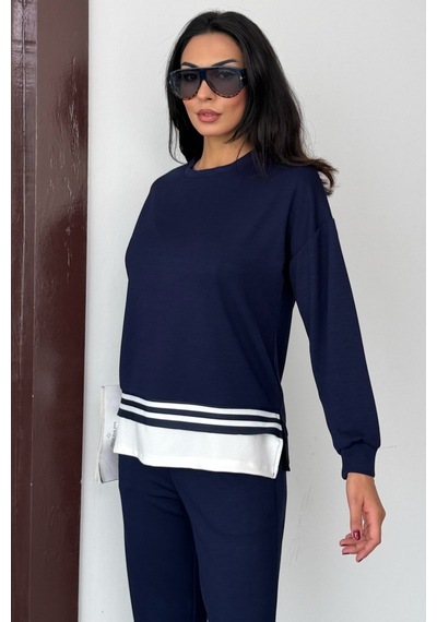 Ded Collectıon Kadın Yanı Yırtmaçlı İnce Şerit Detaylı Uzun Kol Sweatshirt Modal Takım Lacivert Ded Collectıon Kadın Yanı Yırtmaçlı İnce Şerit Detaylı Uzun Kol Sweatshirt Modal Takım Lacivert