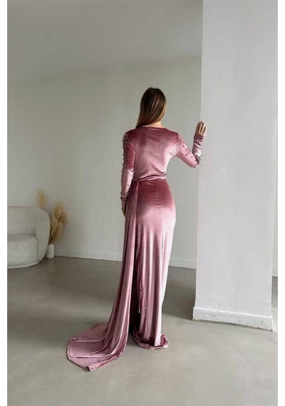 Lior Design Kadın İnce İşçilik Esnek Kadife Kumaş Kruvaze Yaka Kuyruklu Abiye Elbise Gülkurusu Lior Design Kadın İnce İşçilik Esnek Kadife Kumaş Kruvaze Yaka Kuyruklu Abiye Elbise Gülkurusu