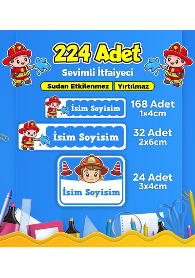 Sevimli İtfaiyeci Temalı Okul Kreş Kişiye Özel İsim Etiket Seti - Model 316 Çok Renkli