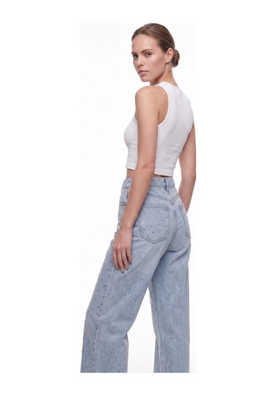 CEMO Kadın Taş İşlemeli Wide Leg Jean Pantolon Mavi