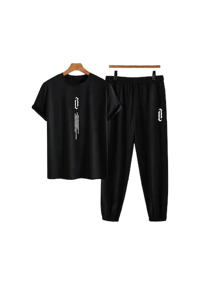 Tarzsokak Unisex Bisiklet Yaka Slogan Baskılı Siyah Tişört Ve Siyah Eşofman Altı 2'li Set A