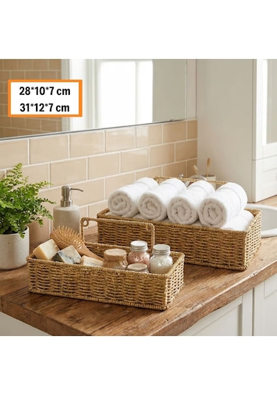 2 Li Duvar Askılı Plastik Rattan Organizer Dikdörtgen Hasır Görünümlü Mutfak Raf Sepeti, Banyo Ve Ev İçi Renkli