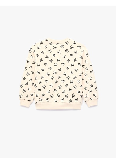 Koton Pamuklu Uzun Kollu Bisiklet Yaka Baskılı Şardonlu Fiyonklu Sweatshirt Bej Desenli 7wmg10029ak Ekru