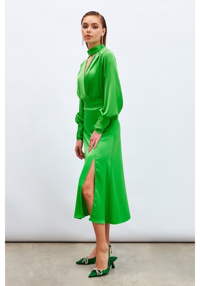 Sateen Yırtmaçlı Saten Etek - Yeşil