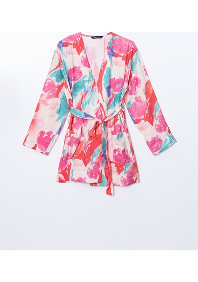 Lcw Modest Pembe Şal Yaka Desenli Oversize Kadın Kimono