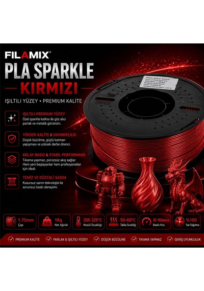 Filamix Pla Sparkle Kırmızı Filament 1.75mm 1kg Simli Parlak Yüzey