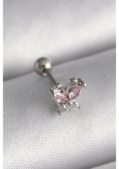 316l Çelik Gümüş Renk Pembe Zirkon Taşlı Kelebek Tragus Piercing 5886 Çok Renkli