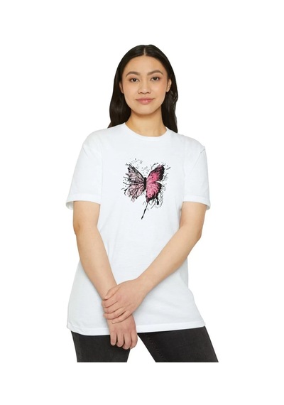 Assema Kadın Bisiklet Yaka Kelebek Baskılı Kısa Kol T-shirt - Beyaz Çok Renkli