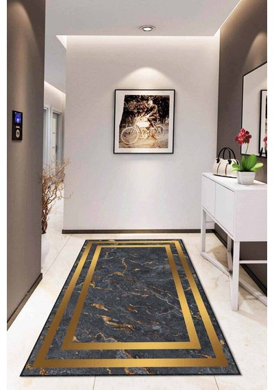Füme Gold Çerçeveli Kaymaz Tabanlı Dekoratif Halı Ar098n11 Füme - Gold