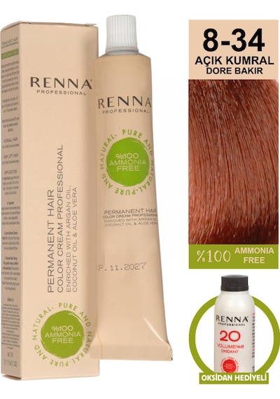 Renna Bitkisel Amonyaksız Saç Boyası 60 Ml 8-34 Açık Kumral Dore Bakır Oksidan Hediyeli