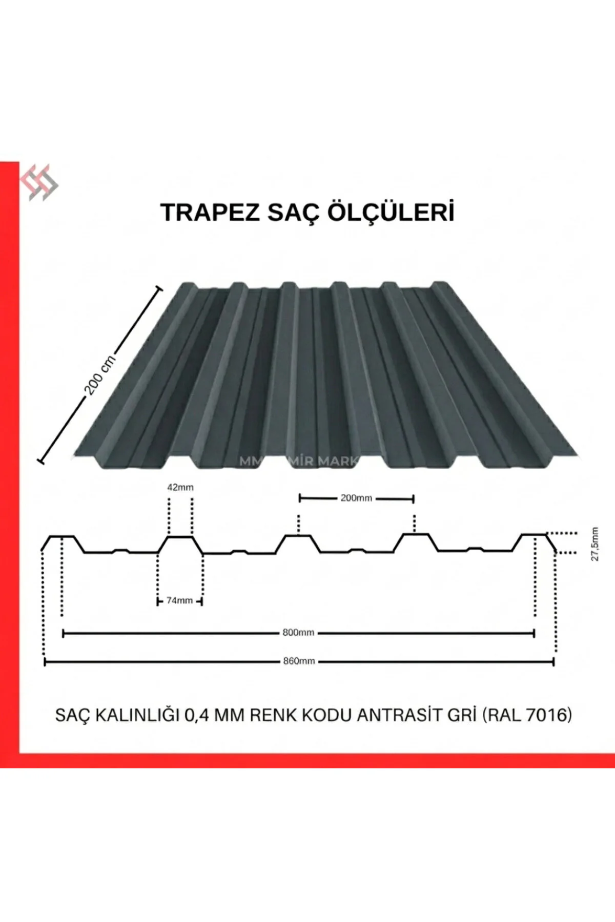 Galvanizli Trapez Çatı Kaplama Sacı 2 Metre -antrasit 10 Adet-su Geçirmez Ve Paslanmaz Metal Sac