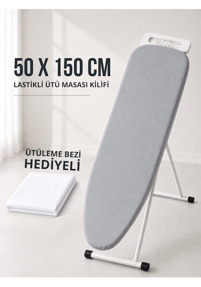 Beylini Ütü Masası Kılıfı Ütü Bezi Hediyeli Lastikli 4 Katmanlı Yanmaz Isıya Dayanıklı Süngerli Pamuklu Ütü Kılıfı 50x150 Cm Gri