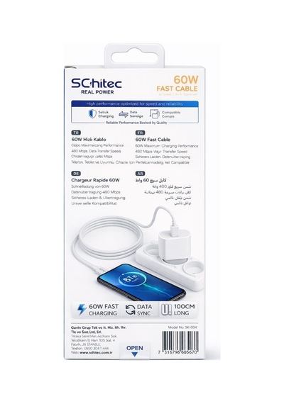 Schitec 60w Type-c To Type-c Data Ve Hızlı Şarj Kablosu Telefon, Tablet, Laptop Uyumlu Beyaz Sk004