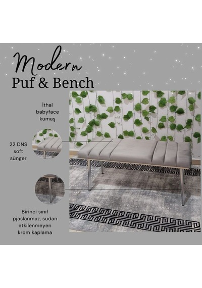 Özcan Metal Krom Metal Ayaklı Metal Kasalı Bench Mutfak Salon Antre Yatak Odası Balkon Puf Bank Gri