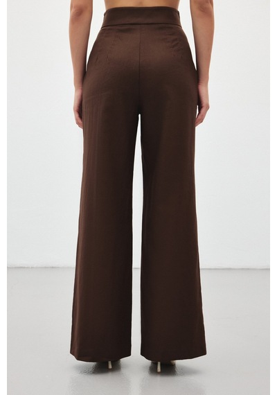 Sateen Bol Paça Keten Pantolon - Kahve-136410 Kahve